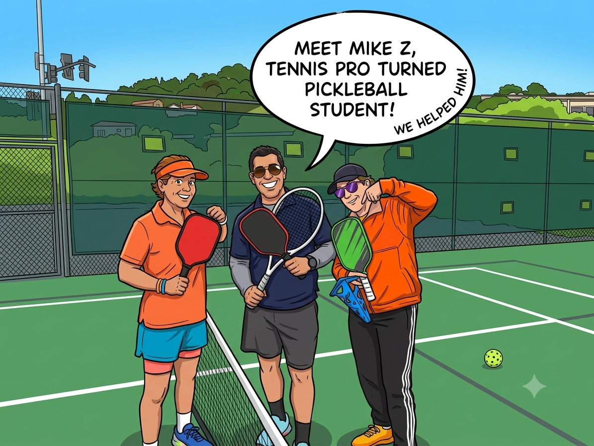 Meet Mike Z, tennis pro turned pickleball student, cartoon illustration with Anne and Carrie Z on the pickleball court