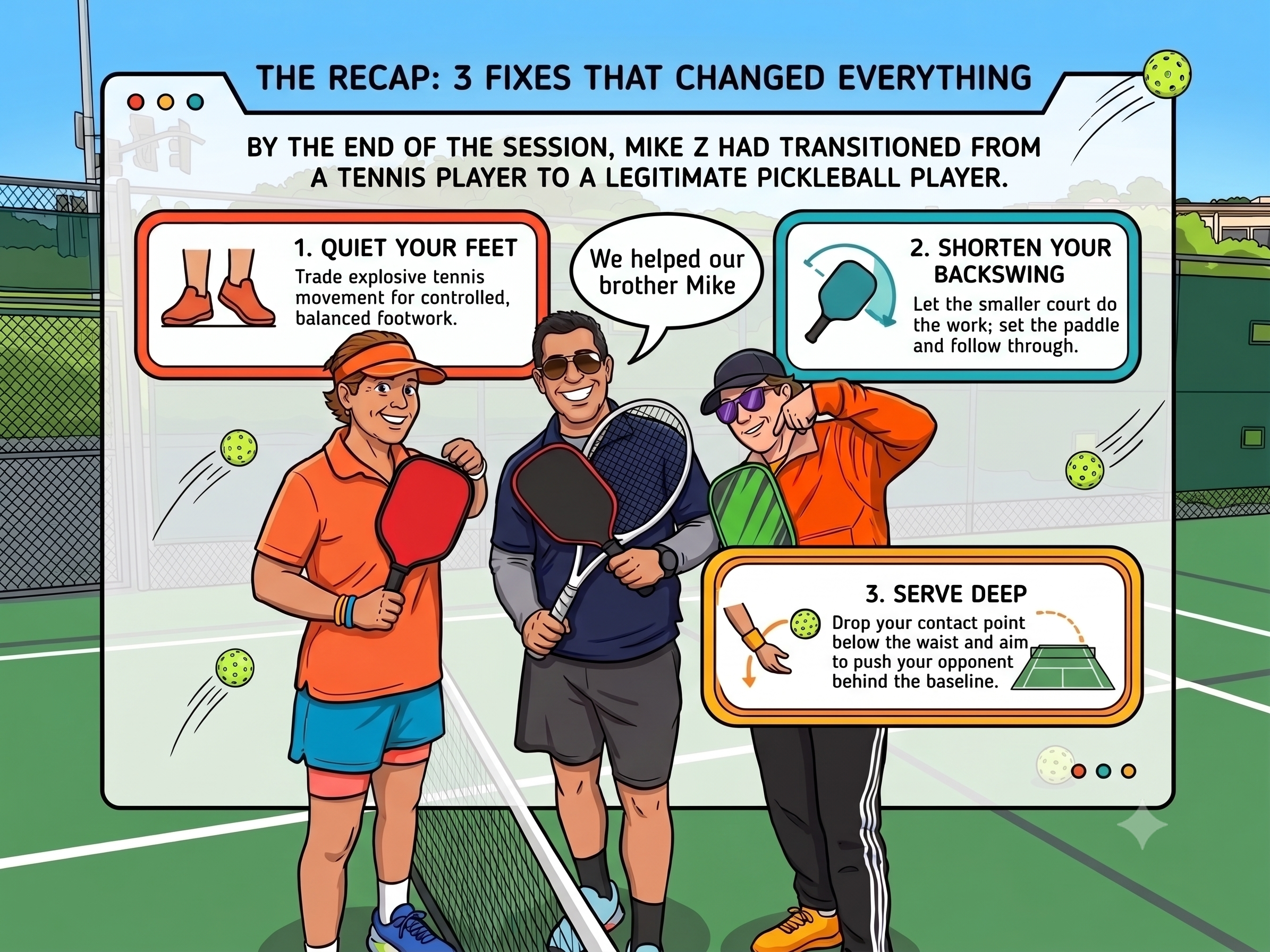 Recap graphic: 3 pickleball fixes that changed everything for Mike Z — quiet your feet, shorten your backswing, serve deep